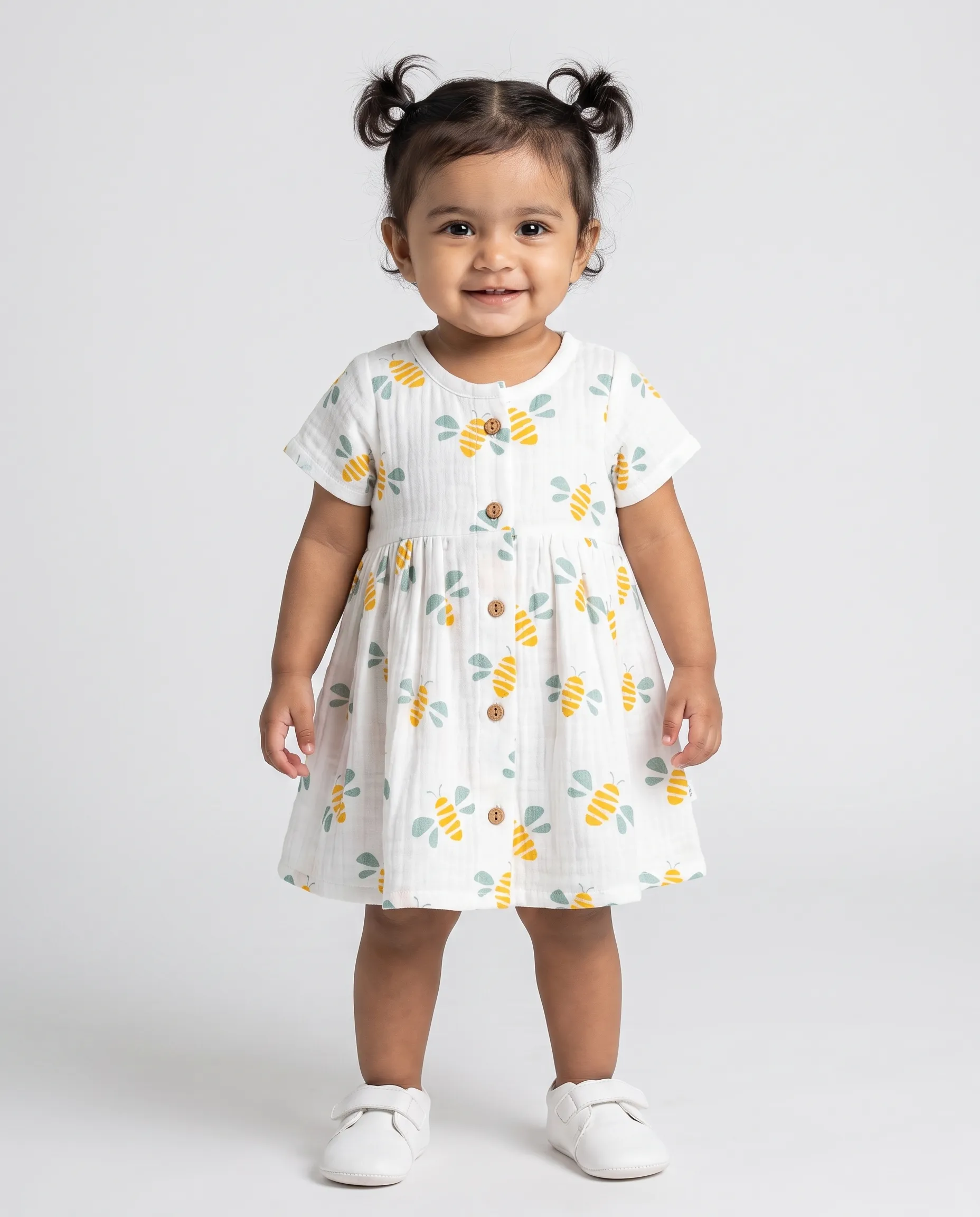 Crinkled Muslin Round Collar Half-Sleeve Button Type Frock