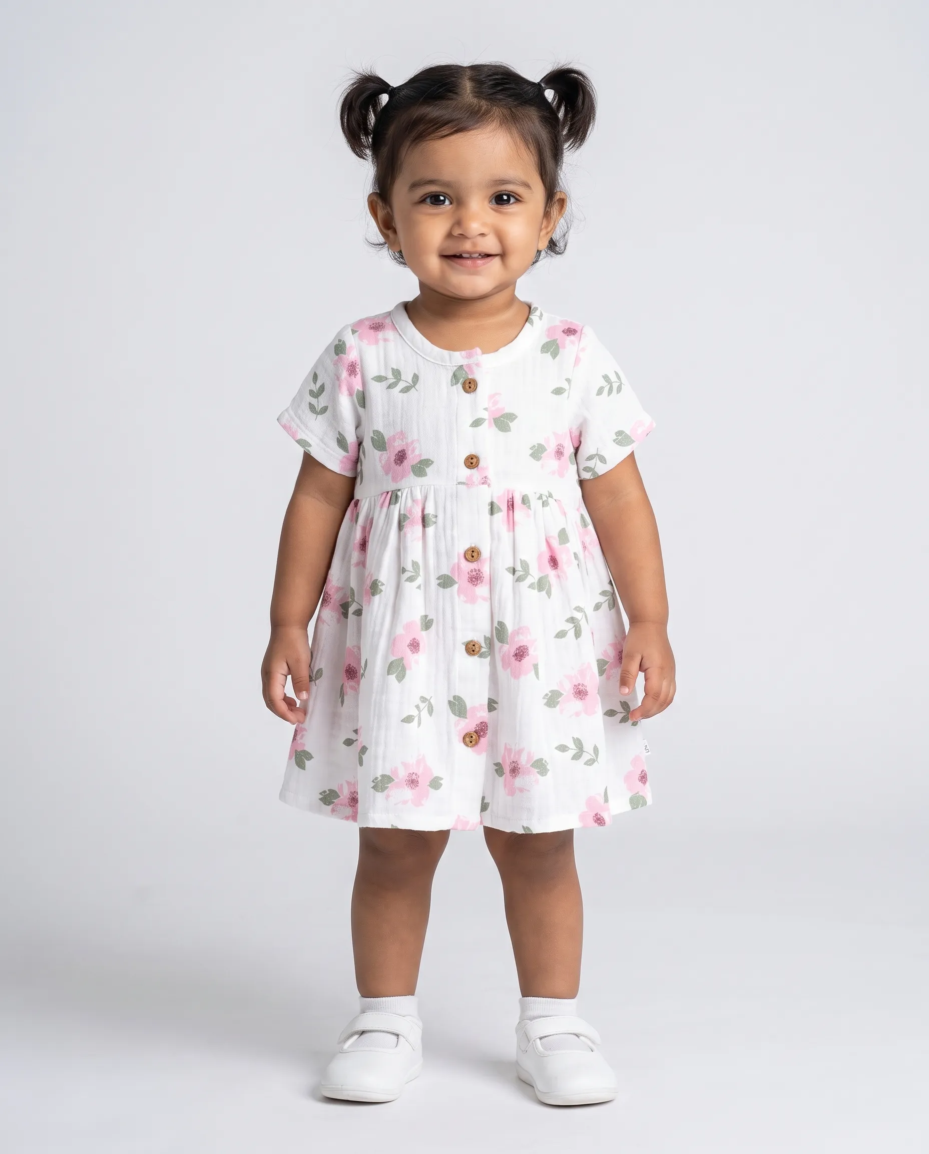 Crinkled Muslin Round Collar Half-Sleeve Button Type Frock