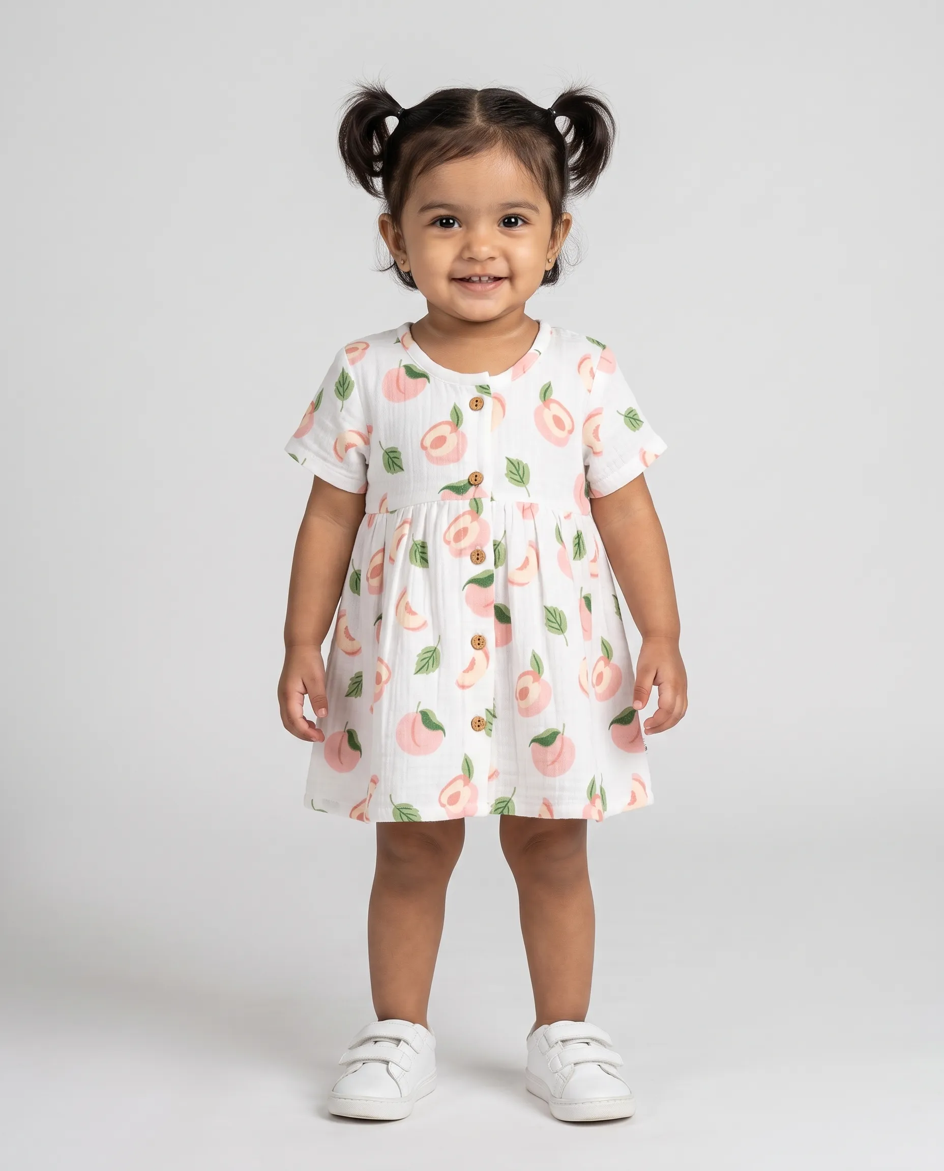 Crinkled Muslin Round Collar Half-Sleeve Button Type Frock