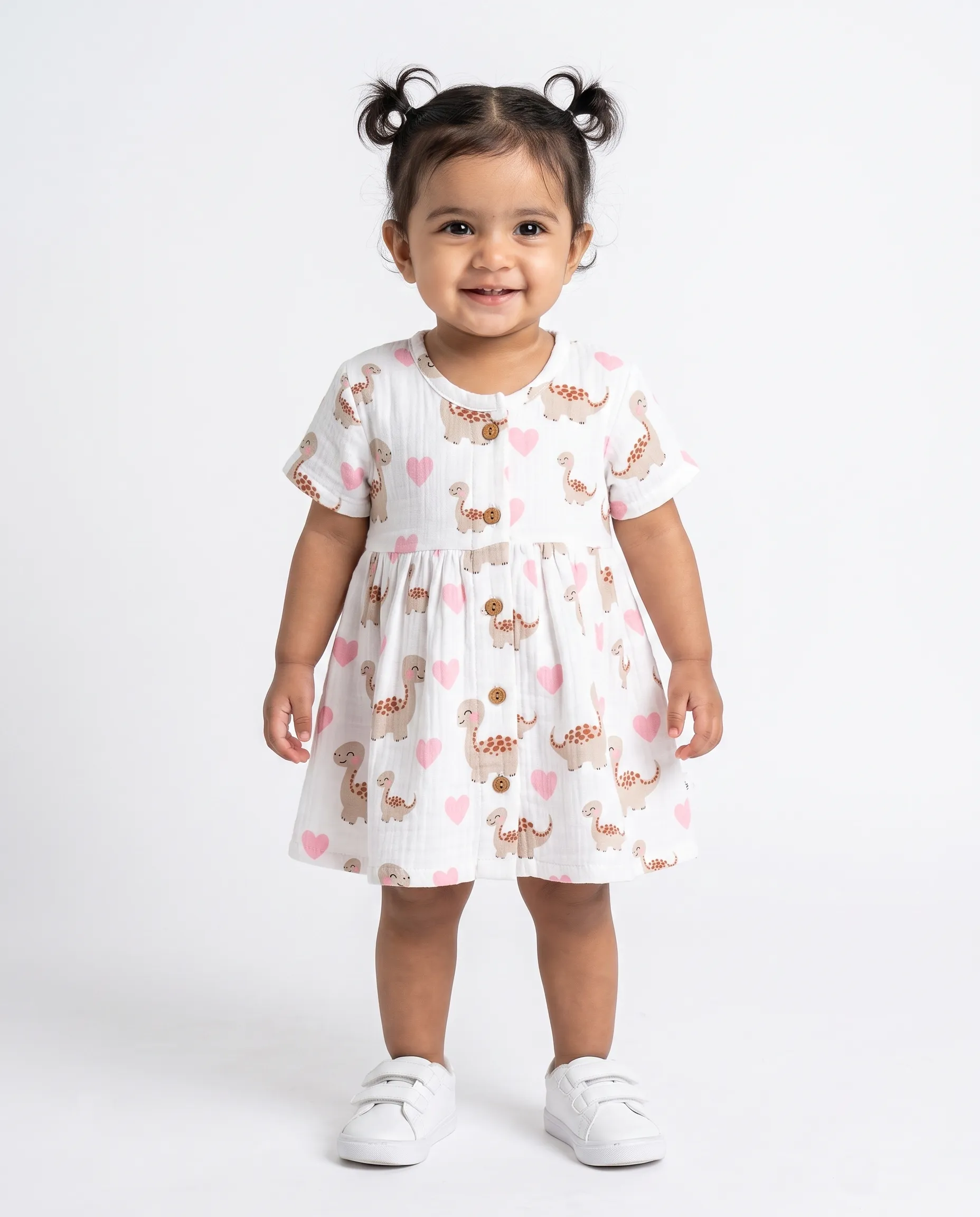 Crinkled Muslin Round Collar Half-Sleeve Button Type Frock
