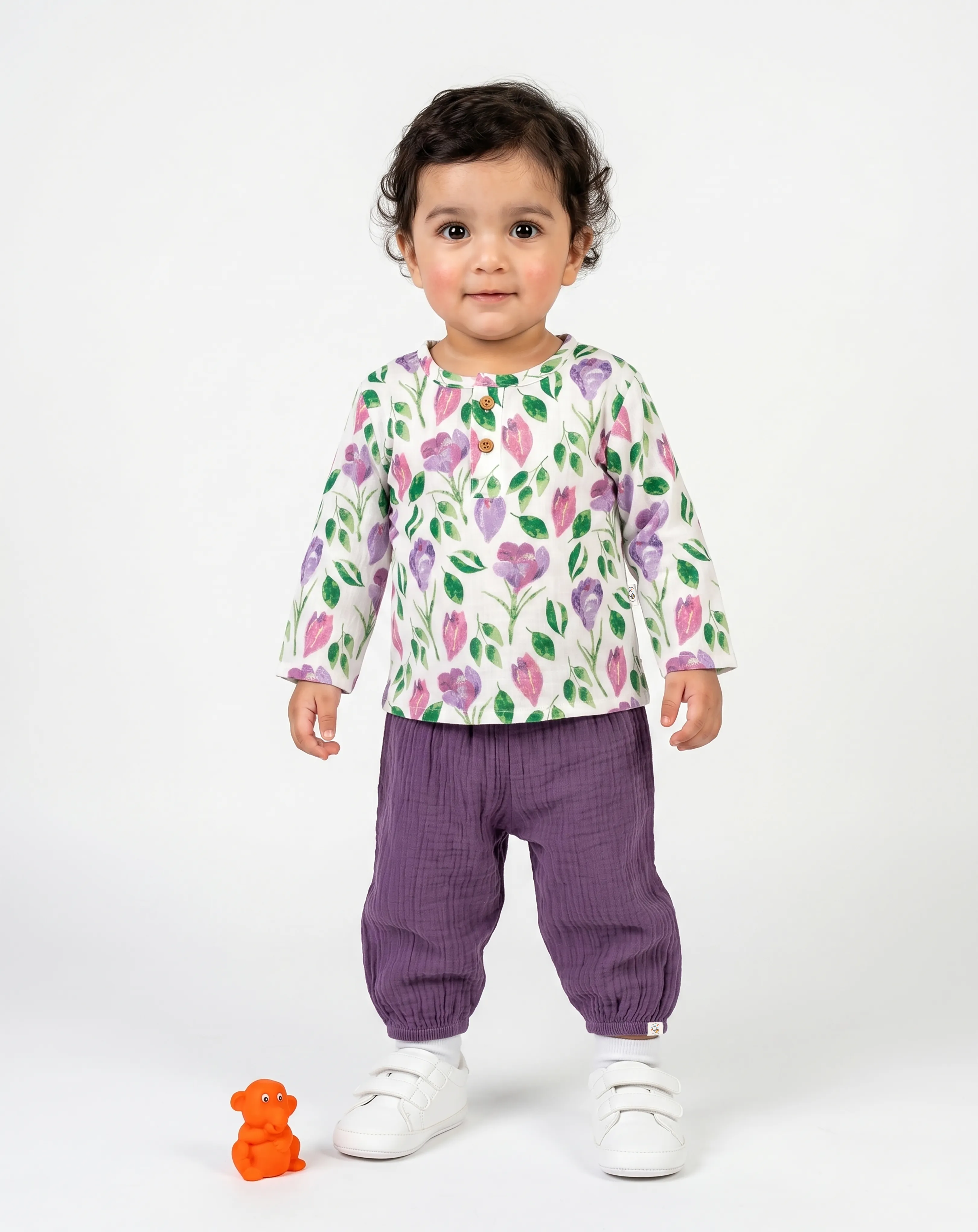 Crinkled Muslin Round Collar Full-Sleeve Casual Set