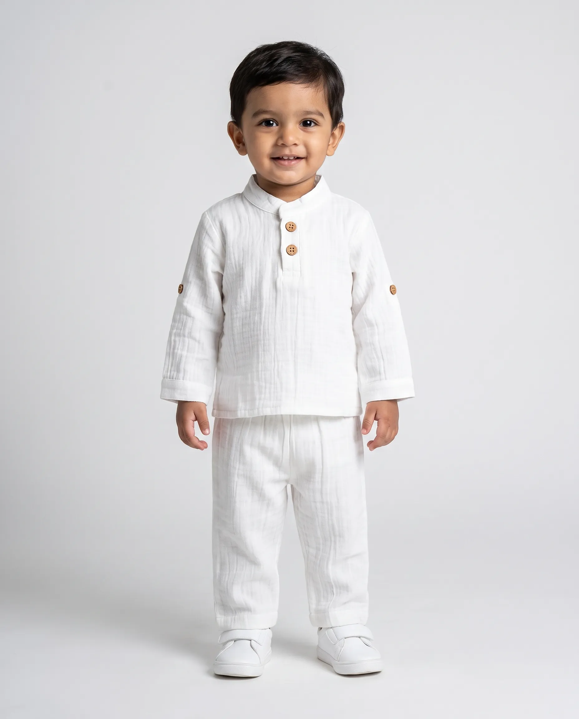 Crinkled Muslin Chinese Collar Full-Sleeve Ethnic Set