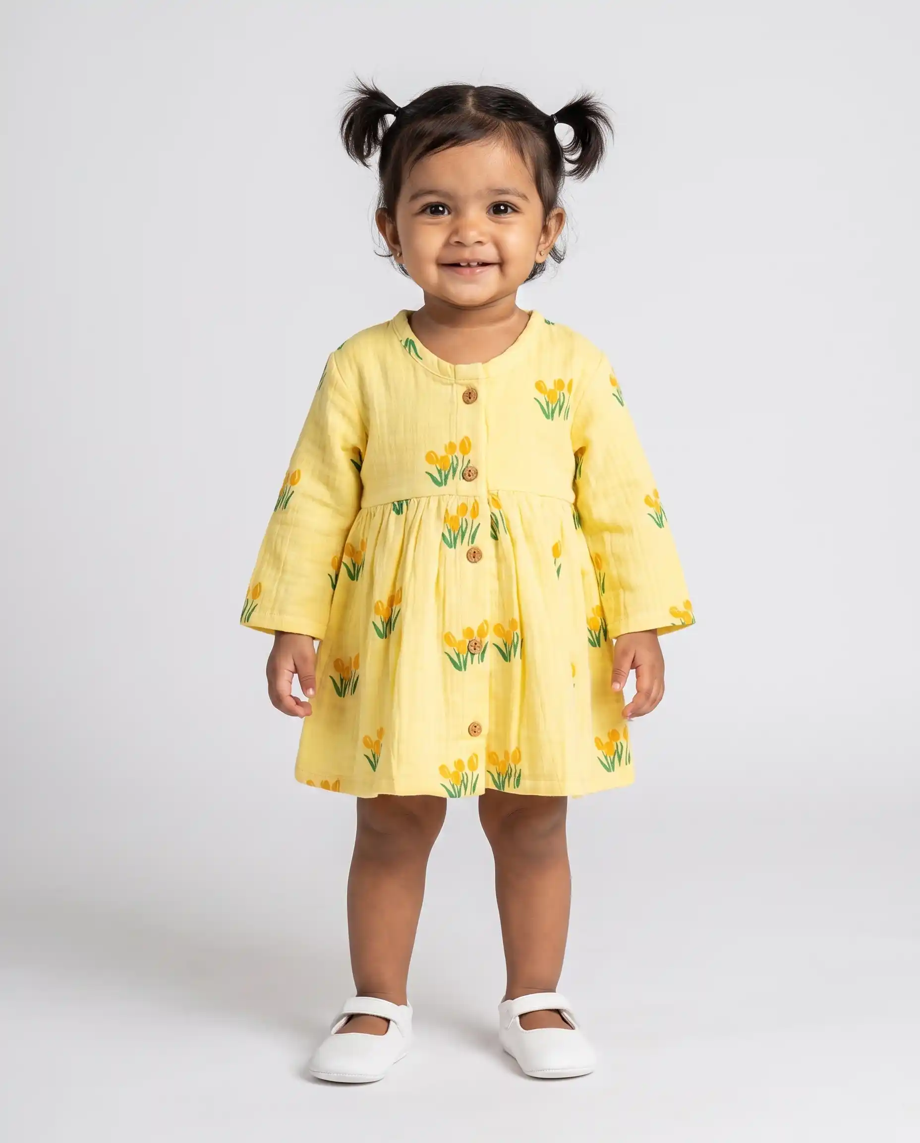 Button Type Frock | Full Sleeve | Round Collar | Soft, Breathable, Gentle on Skin | 100% Muslin Cotton | Premium Crinkled Muslin Cotton
