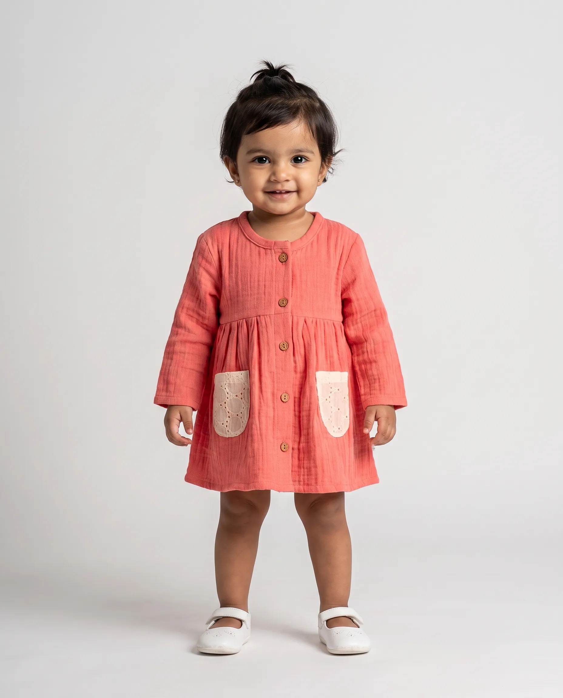 Hakoba Button Type Frock | Full Sleeve | Round Collar | Airy, Delicate, Breathable | 100% Muslin Cotton | Premium Crinkled Muslin Cotton